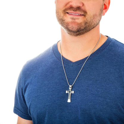 Men's Black and Silver Cross Necklace in Stainless Steel close-up detail