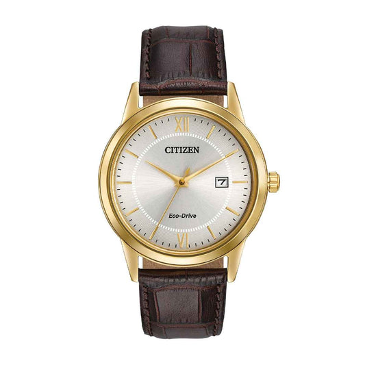 Citizen Men's Corso Gold-Tone Stainless Steel Watch with White Dial & Brown Leather Strap