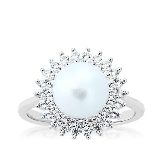 White Freshwater Button Pearl Fashion Ring with Created White Sapphire Double Starburst Halo in Sterling Silver