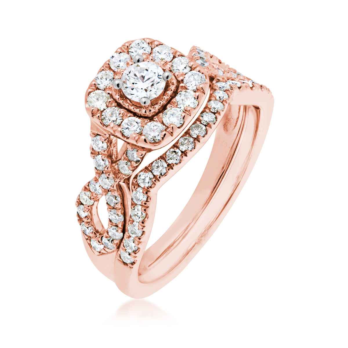 1 ct. tw. Round Diamond Halo Twist Band Wedding Set in 10K Pink Gold front view