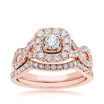 1 ct. tw. Round Diamond Halo Twist Band Wedding Set in 10K Pink Gold