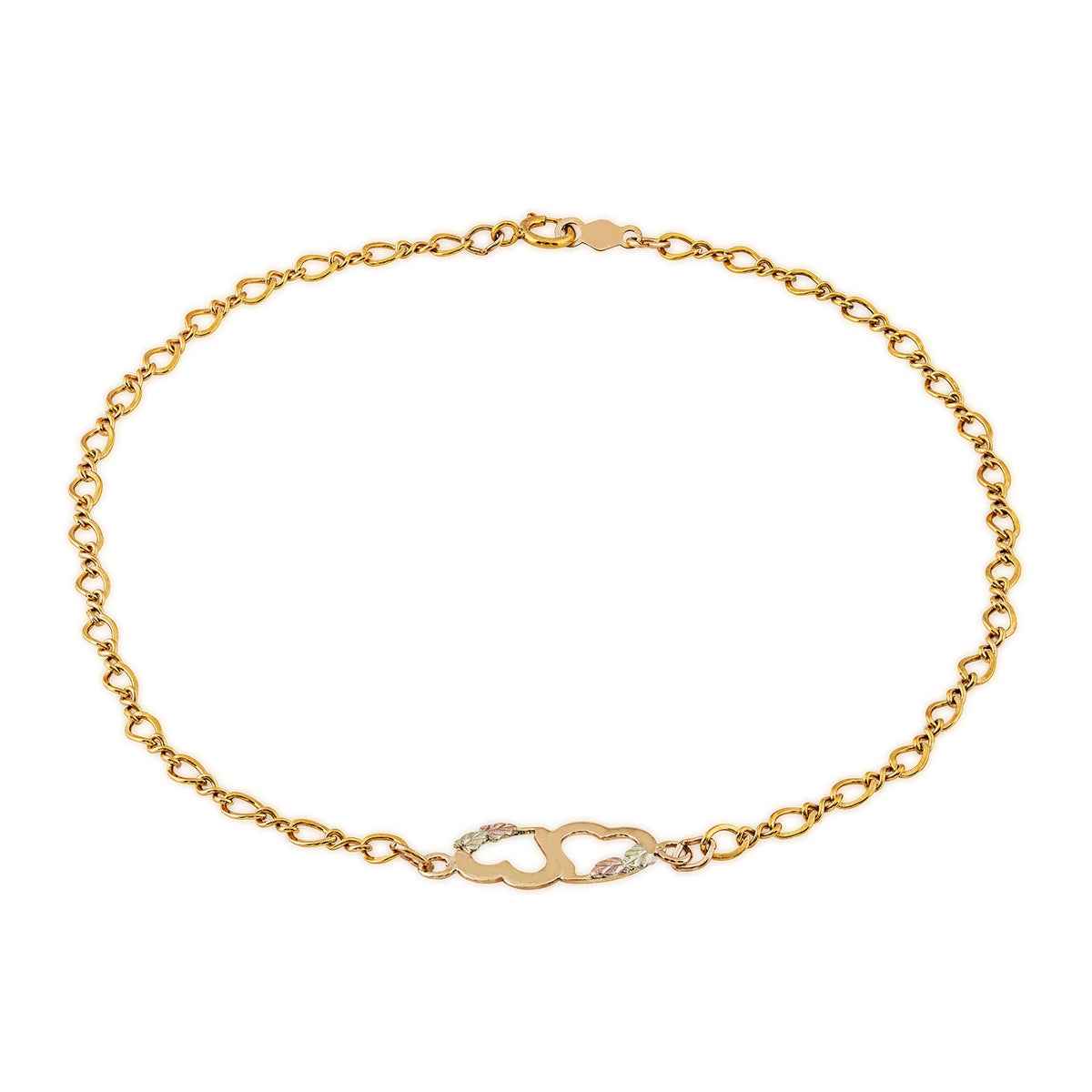 Black Hills Gold Leaf Double Heart Ankle Bracelet in 10K Yellow Gold