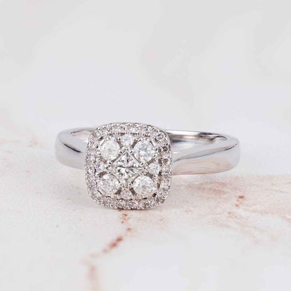 1/2 ct. tw. Princess Cut Cluster with Halo Design Diamond Engagement Ring in 14K White Gold close-up detail