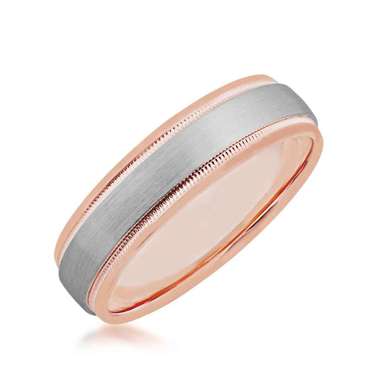 Men's Two Tone Wedding Band with Milgrain Detailing in 10K White and Pink Gold front view