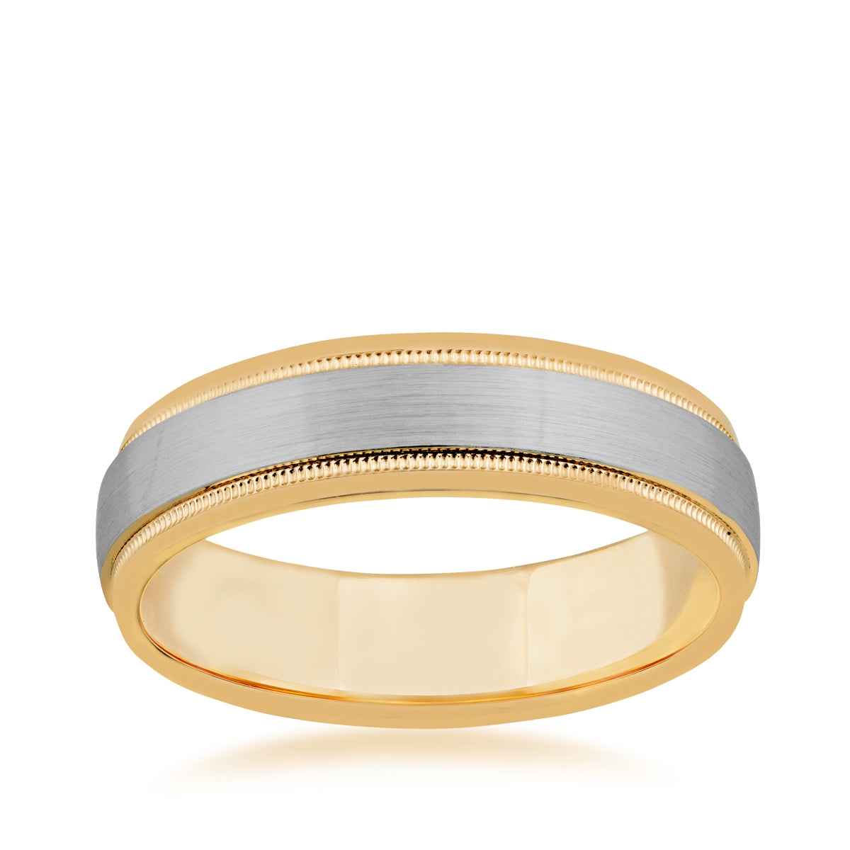 Men's Two-Tone Wedding Band with Milgrain Design and Center Brushed Band in 10K White and Yellow Gold