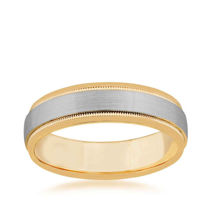 Men's Two-Tone Wedding Band with Milgrain Design and Center Brushed Band in 10K White and Yellow Gold