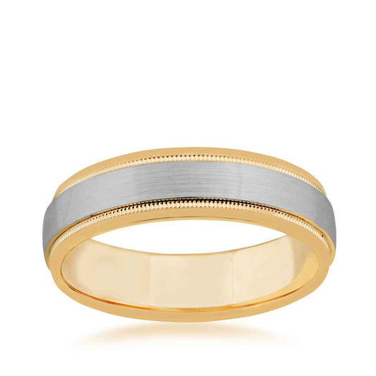 Men's Two-Tone Wedding Band with Milgrain Design and Center Brushed Band in 10K White and Yellow Gold