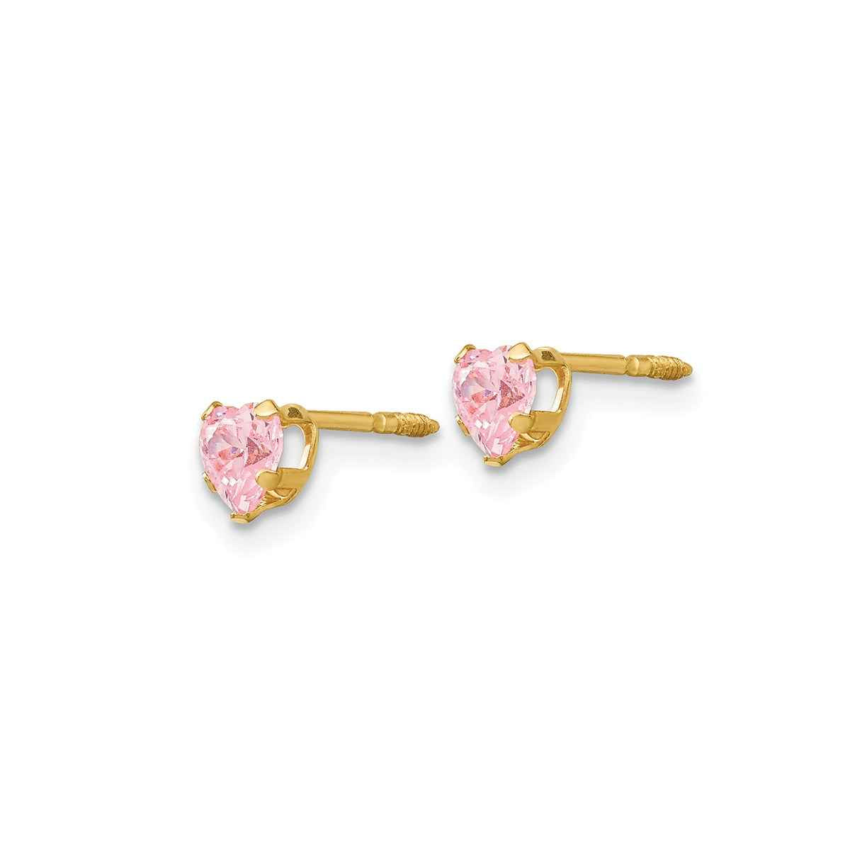 Children's Pink Heart Cubic Zirconia Earrings in 14K Yellow Gold front view