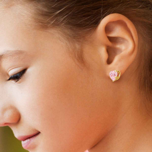 Children's Pink Heart Cubic Zirconia Earrings in 14K Yellow Gold close-up detail