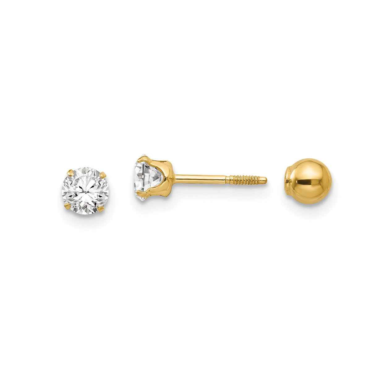 Children's Madi K Round White Cubic Zirconia Reversible Earrings in 14K Yellow Gold