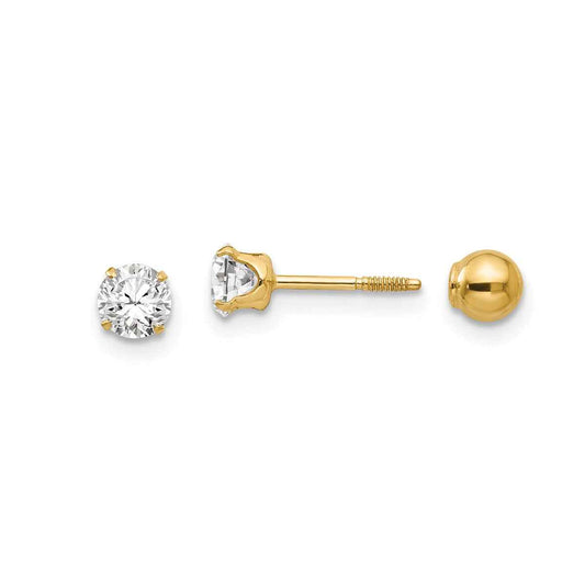Children's Madi K Round White Cubic Zirconia Reversible Earrings in 14K Yellow Gold