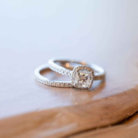 Natural 1-1/2 ct. tw. Cushion Diamond Halo Wedding Set in 14K White Gold close-up detail