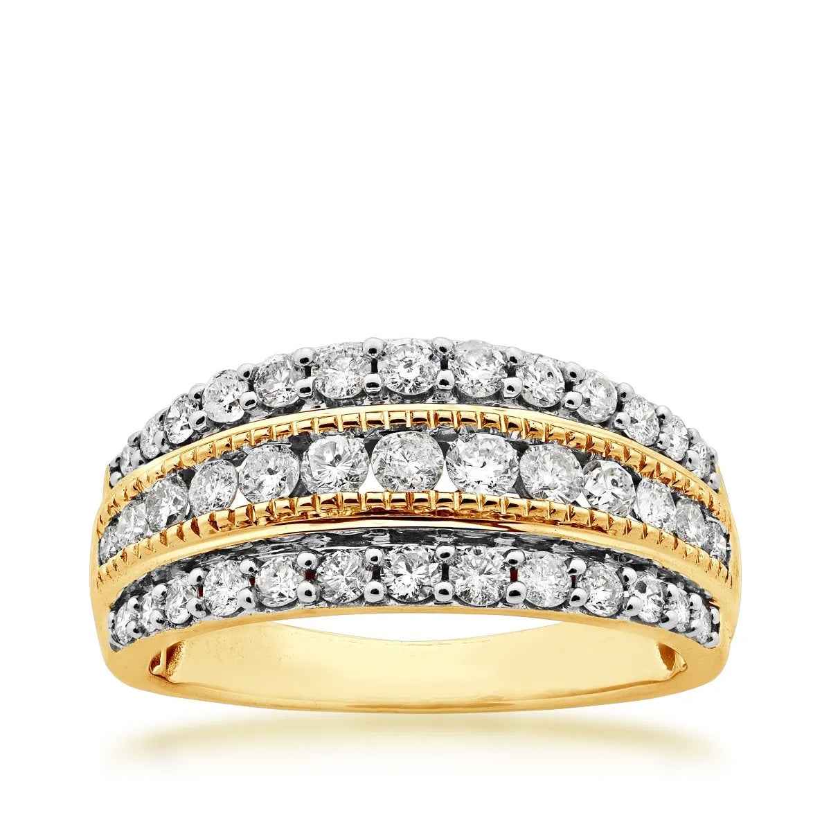 1 ct. tw. 3-Row Diamond Anniversary Ring with Milgrain Detailing in 10K Yellow Gold