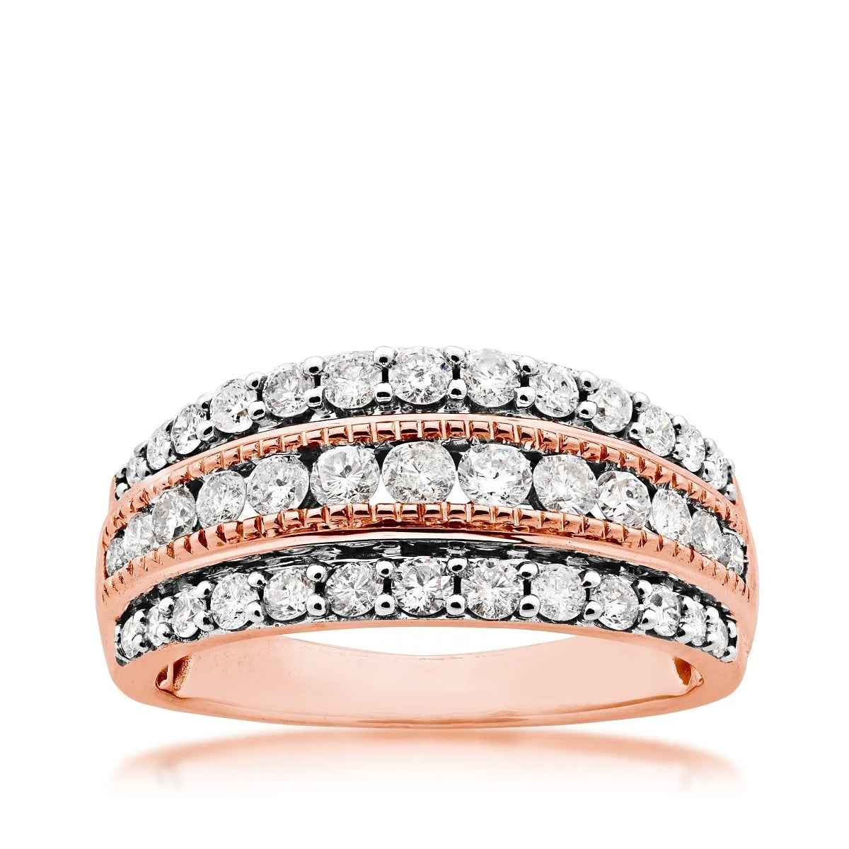 1 ct. tw. Three Row Diamond Anniversary Ring with Milgrain Detailing in 10K Pink Gold