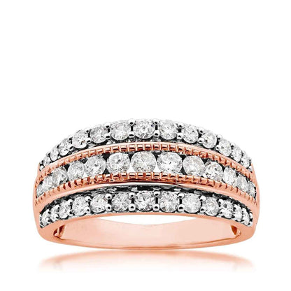 1 ct. tw. Three Row Diamond Anniversary Ring with Milgrain Detailing in 10K Pink Gold