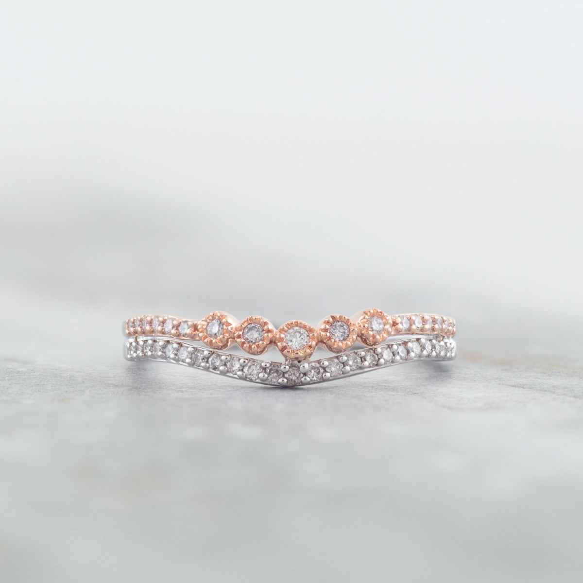 1/5 ct. tw. Contoured Two-Tone Stacked Anniversary Band in 14K White and Pink Gold close-up detail