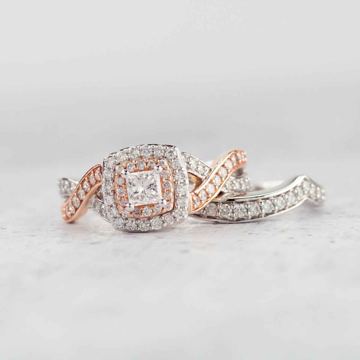 Natural 1 ct. tw. Princess Cut Diamond Double Halo Wedding Set in 14K White & Pink Gold close-up detail