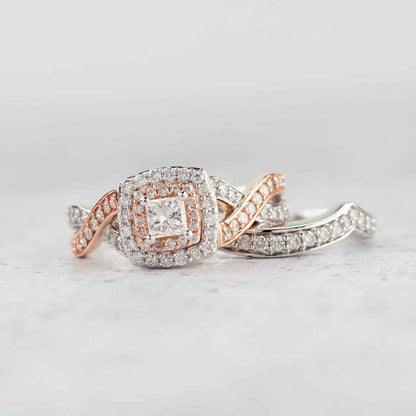 Natural 1 ct. tw. Princess Cut Diamond Double Halo Wedding Set in 14K White & Pink Gold close-up detail