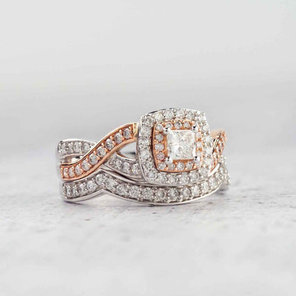 Natural 1 ct. tw. Princess Cut Diamond Double Halo Wedding Set in 14K White & Pink Gold side profile