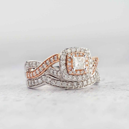 Natural 1 ct. tw. Princess Cut Diamond Double Halo Wedding Set in 14K White & Pink Gold side profile
