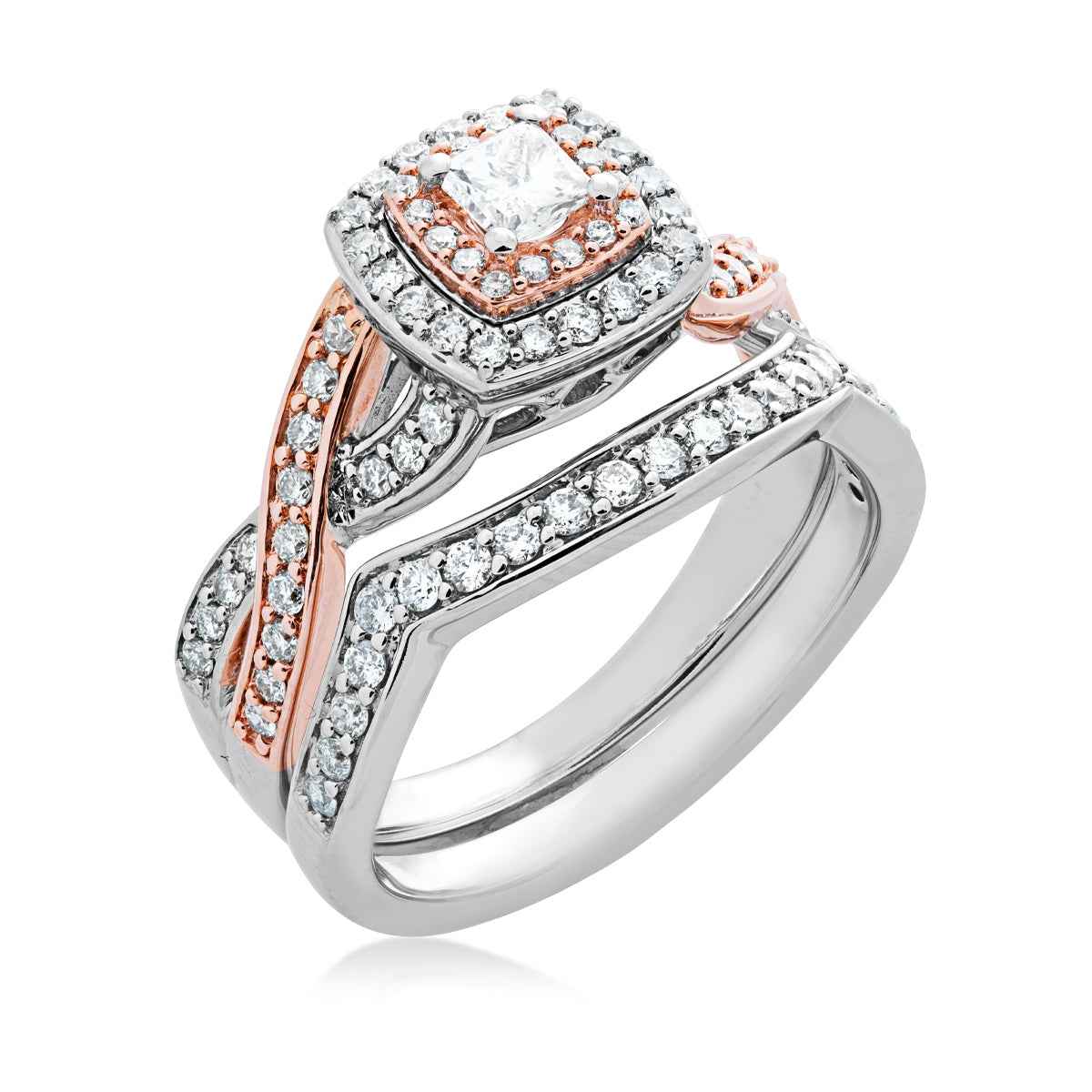 Natural 1 ct. tw. Princess Cut Diamond Double Halo Wedding Set in 14K White & Pink Gold front view