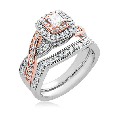 Natural 1 ct. tw. Princess Cut Diamond Double Halo Wedding Set in 14K White & Pink Gold front view