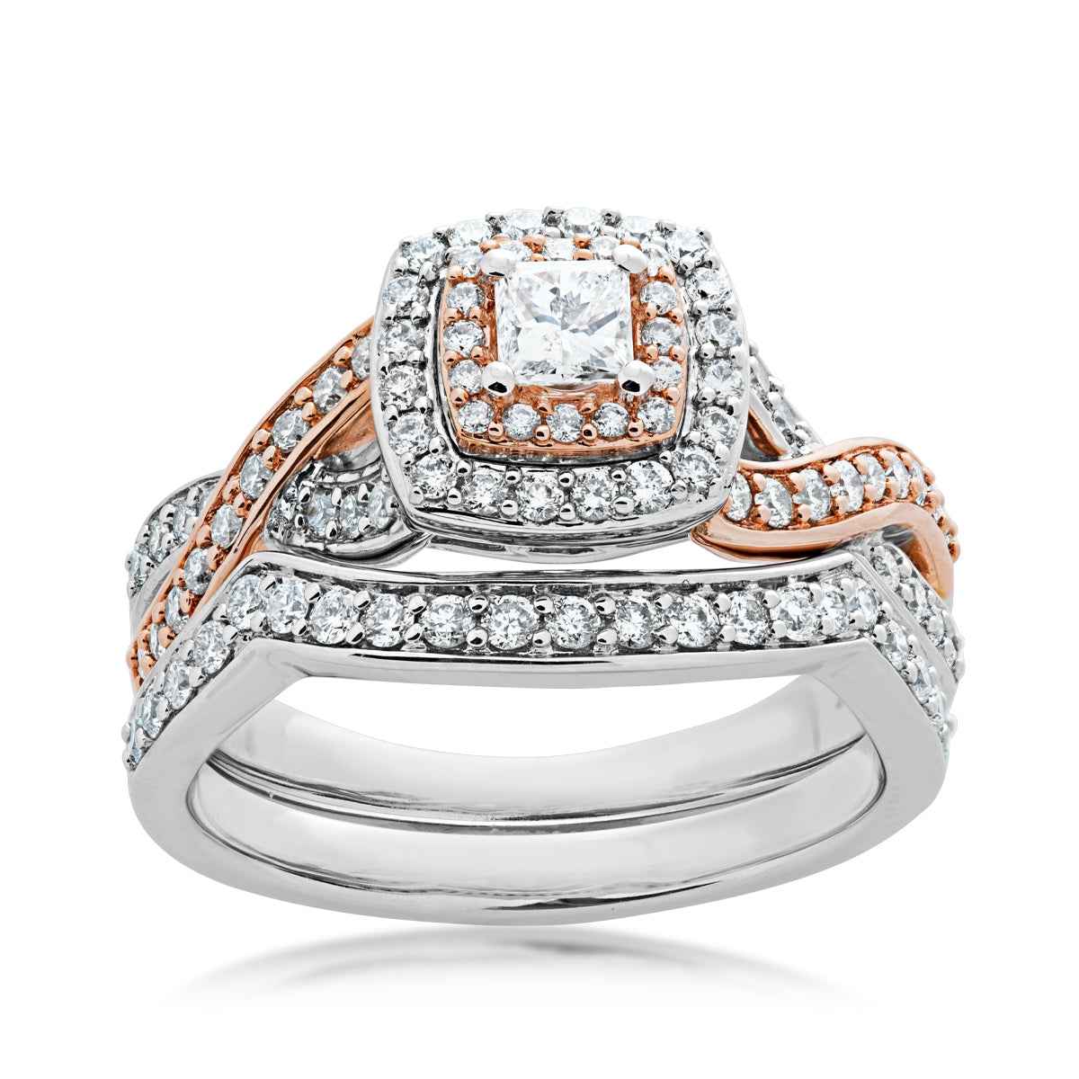 Natural 1 ct. tw. Princess Cut Diamond Double Halo Wedding Set in 14K White & Pink Gold