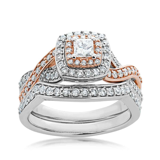 Natural 1 ct. tw. Princess Cut Diamond Double Halo Wedding Set in 14K White & Pink Gold