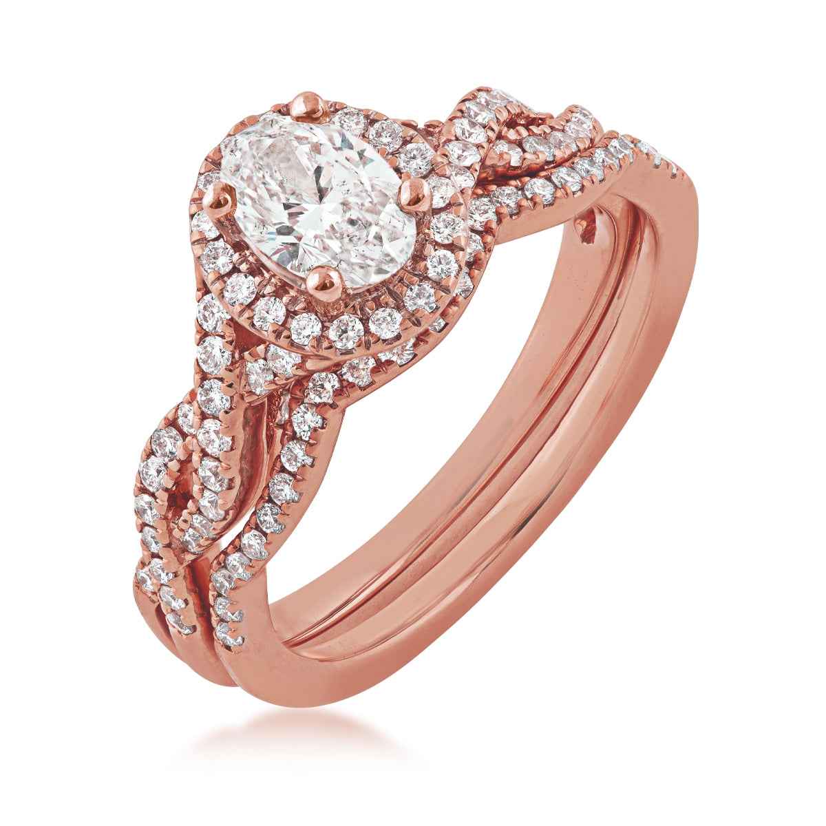 Amaura Collection 1 ct. tw Oval Halo Wedding Set with Side Twist Design in 14K Pink Gold - 14P-OV front view