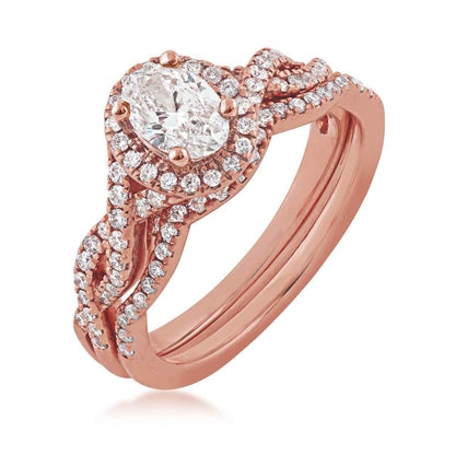 Amaura Collection 1 ct. tw Oval Halo Wedding Set with Side Twist Design in 14K Pink Gold - 14P-OV front view