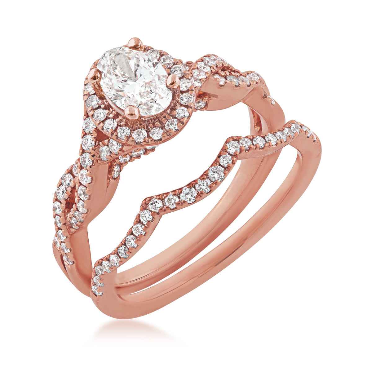 Amaura Collection 1 ct. tw Oval Halo Wedding Set with Side Twist Design in 14K Pink Gold - 14P-OV close-up detail
