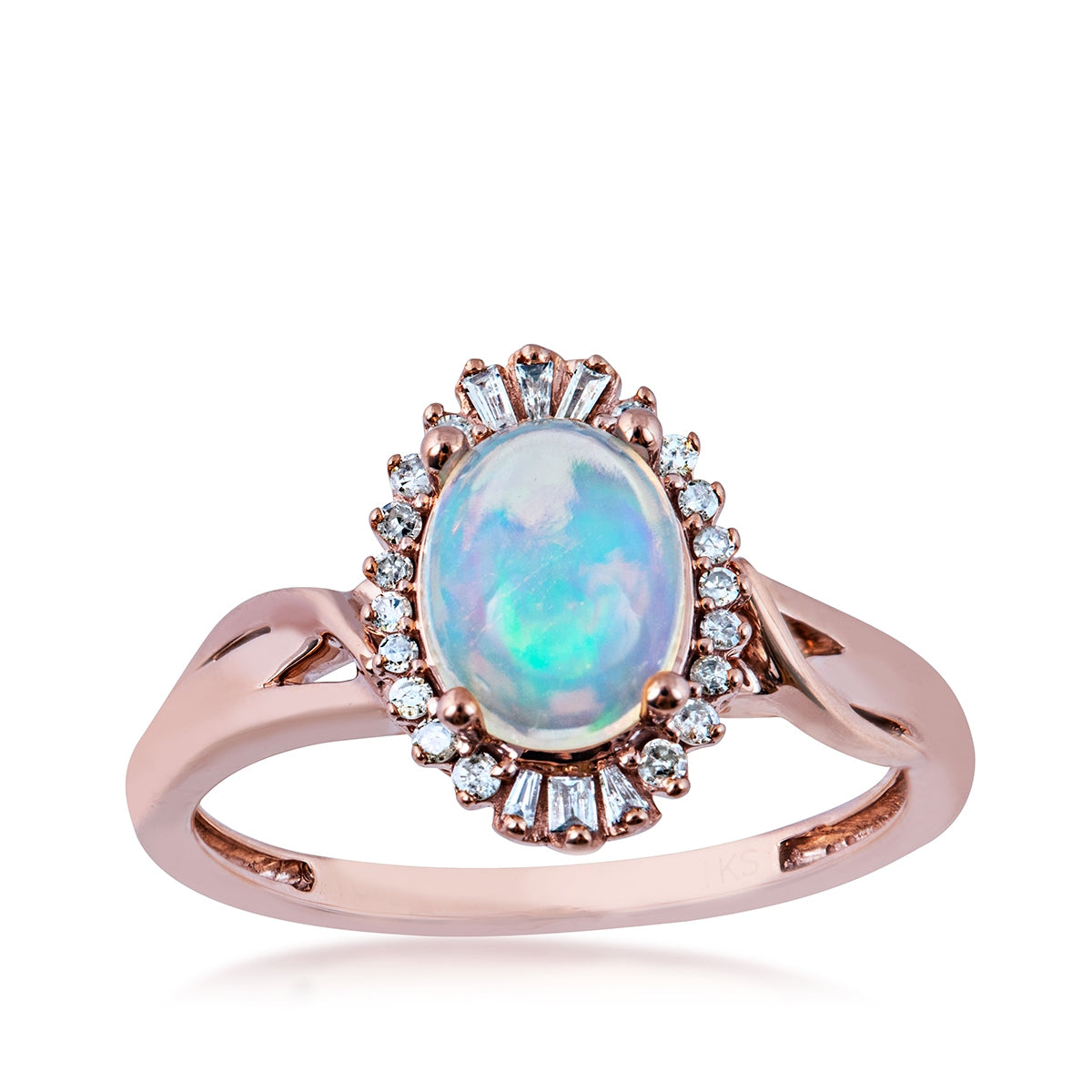 Impulse Collection Oval Opal & 1/8 ct. tw. Round & Tapered Baguette Diamond Halo Ring in 10K Pink Gold