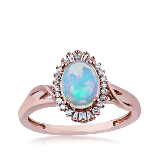 Impulse Collection Oval Opal & 1/8 ct. tw. Round & Tapered Baguette Diamond Halo Ring in 10K Pink Gold