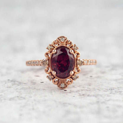 Impulse Collection Genuine Oval Garnet Engagement Ring with 1/4 ct. tw. Mocha & White Diamond Filigree close-up detail