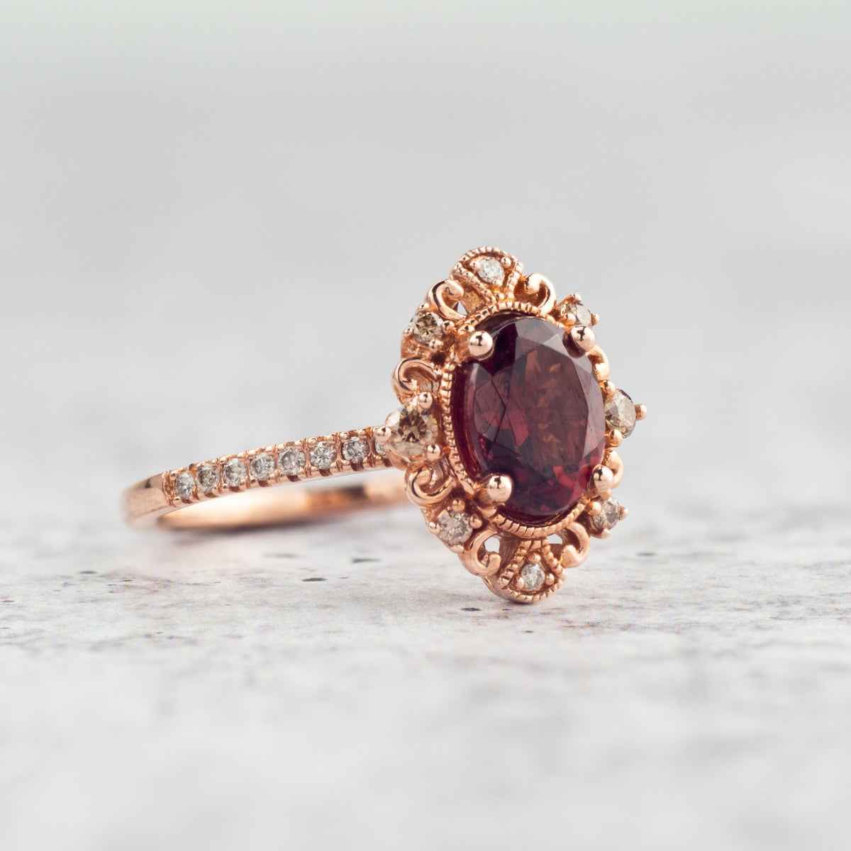 Impulse Collection Genuine Oval Garnet Engagement Ring with 1/4 ct. tw. Mocha & White Diamond Filigree side profile