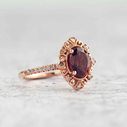 Impulse Collection Genuine Oval Garnet Engagement Ring with 1/4 ct. tw. Mocha & White Diamond Filigree side profile