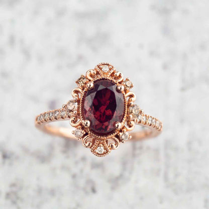 Impulse Collection Genuine Oval Garnet Engagement Ring with 1/4 ct. tw. Mocha & White Diamond Filigree & Milgrain full view