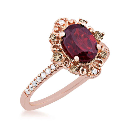 Impulse Collection Genuine Oval Garnet Engagement Ring with 1/4 ct. tw. Mocha & White Diamond Filigree & Milgrain front view