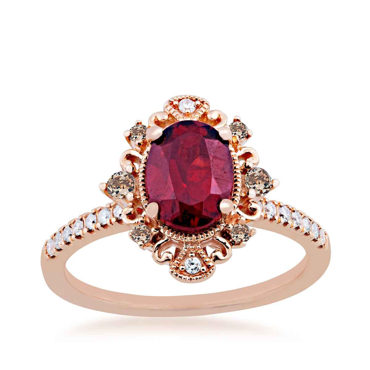 Impulse Collection Genuine Oval Garnet Engagement Ring with 1/4 ct. tw. Mocha & White Diamond Filigree & Milgrain Halo in 10K