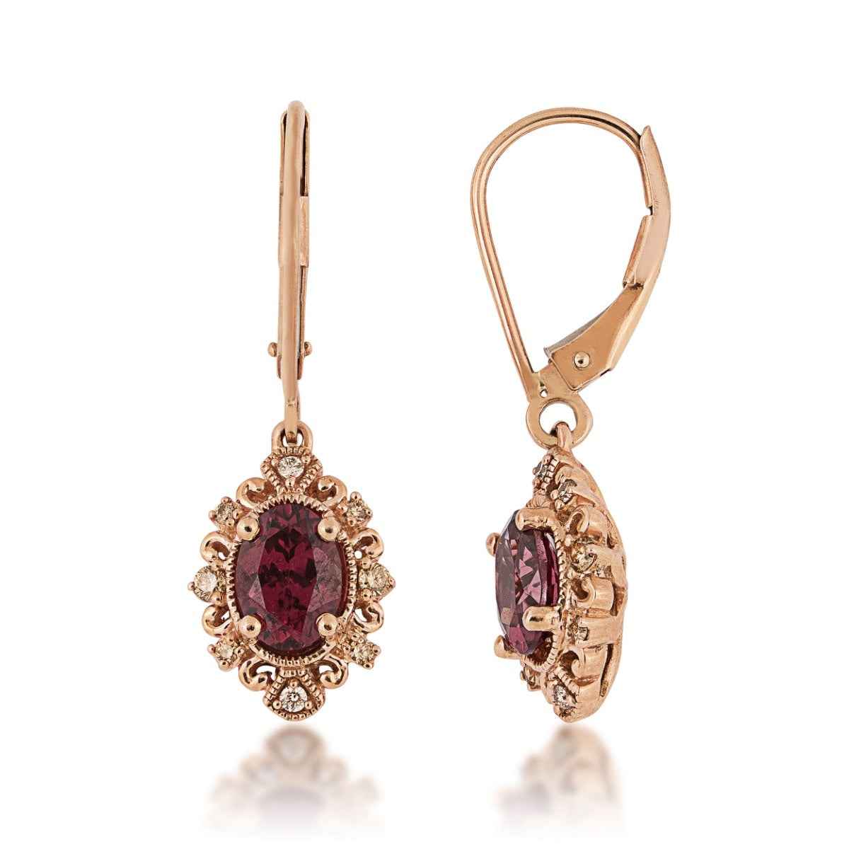 Impulse Collection Genuine Oval Garnet Fashion Earrings with 1/6 ct. tw. White & Mocha Diamond Filigree Inspired Halo in 10K