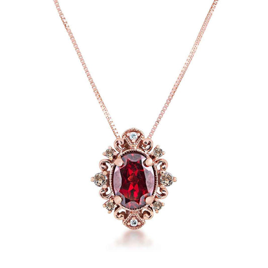 Impulse Collection Genuine Oval Garnet Fashion Pendant with 1/8 ct. tw. White & Mocha Diamond Filigree & Milgrain Halo in 10K