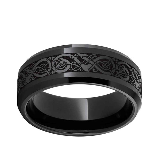 Men's 8.0mm Black Laser-Etched Viking Designed Wedding Band in Ceramic