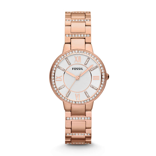 Fossil Ladies' Virginia Pink-Tone Stainless Steel Analog Watch with White Dial
