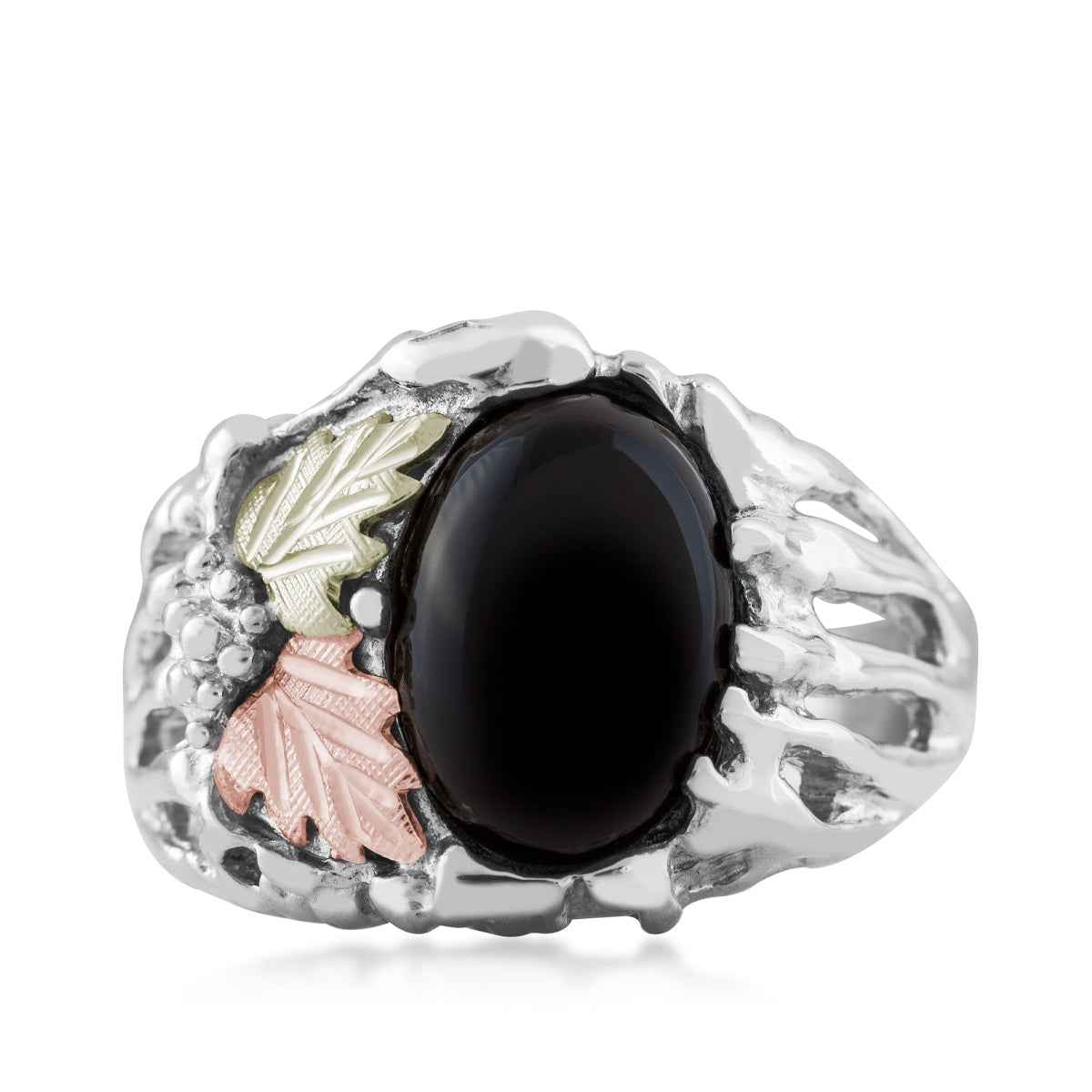 Black Hills Gold Men's Oval Onyx & Leaf Ring in Sterling Silver front view