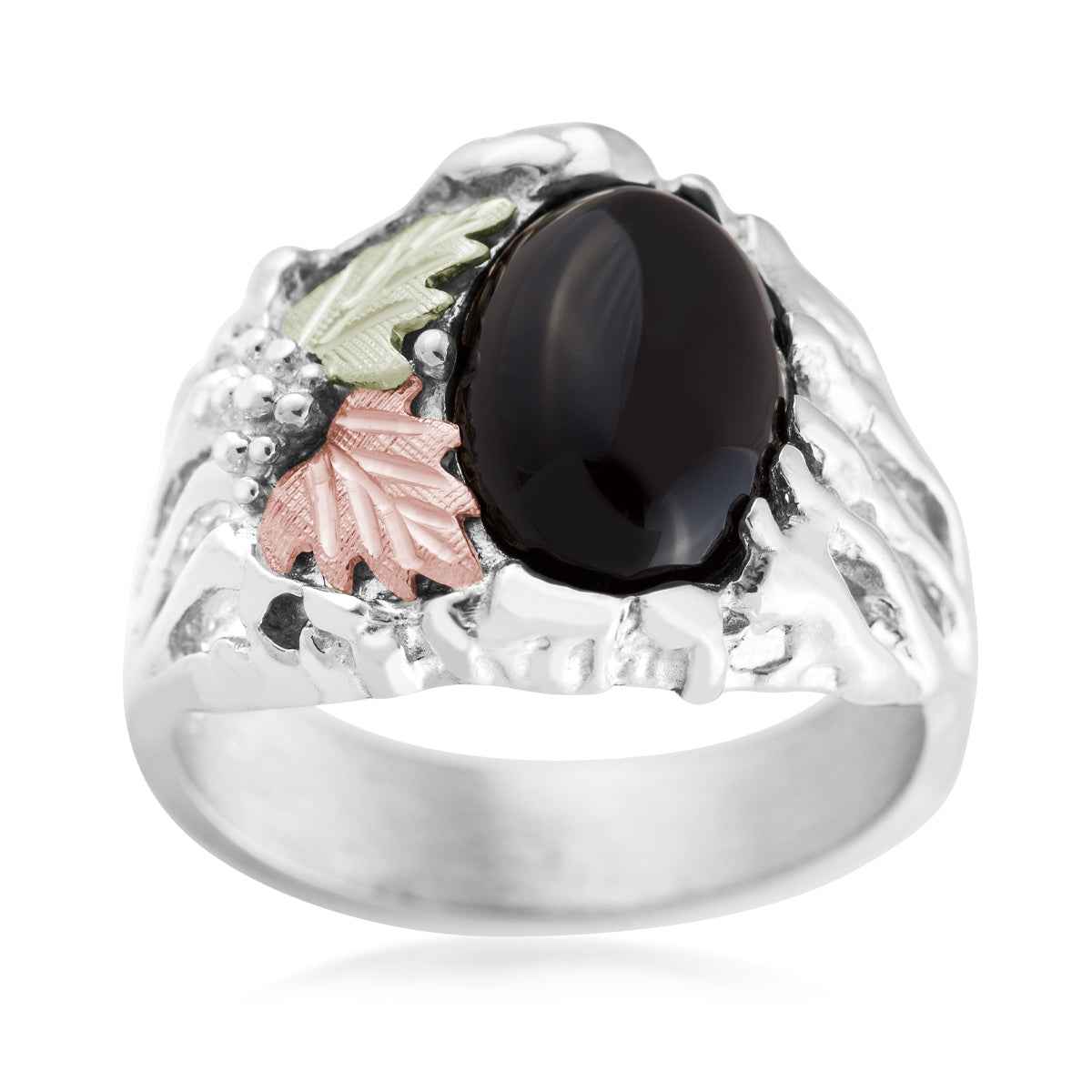 Black Hills Gold Men's Oval Onyx & Leaf Ring in Sterling Silver
