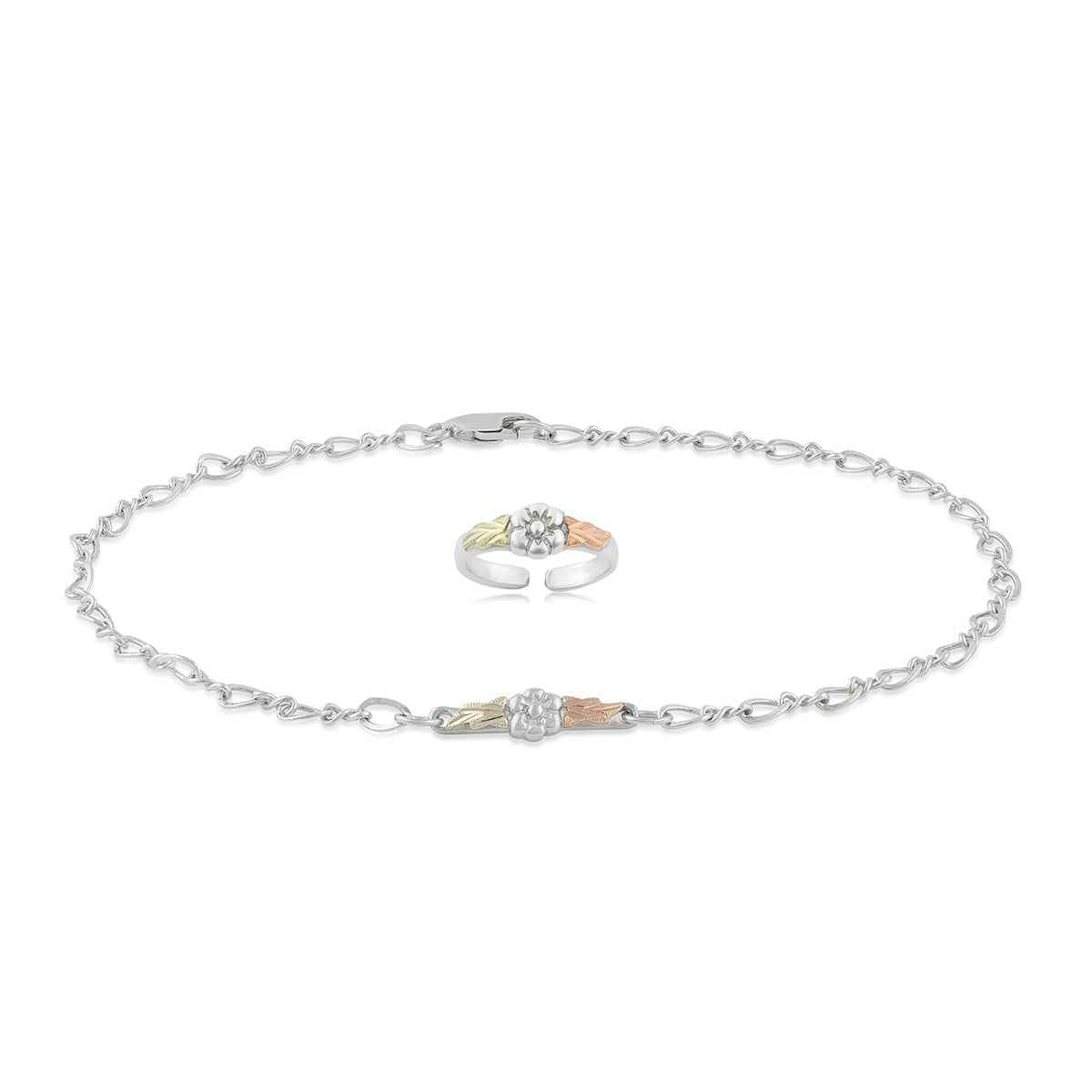 Black Hills Gold Flower Toe Ring & Ankle Bracelet Set in Sterling Silver