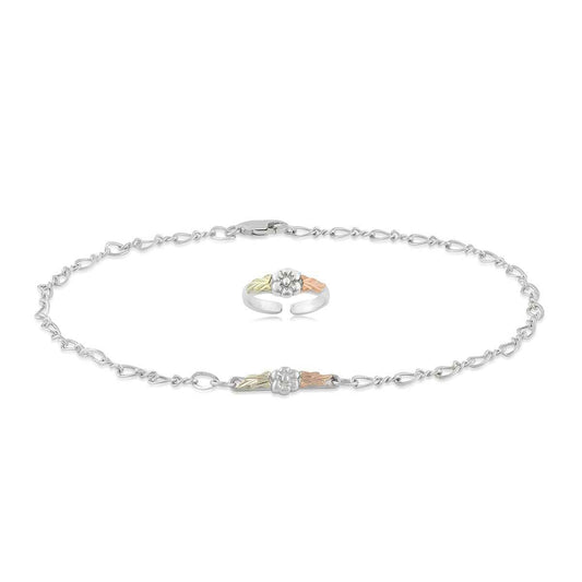 Black Hills Gold Flower Toe Ring & Ankle Bracelet Set in Sterling Silver