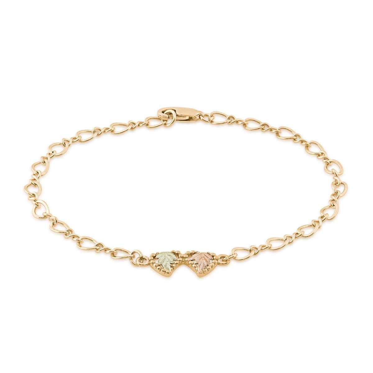 Black Hills Gold 7.5-inch Leaf Double Heart Bracelet in 10K Yellow Gold