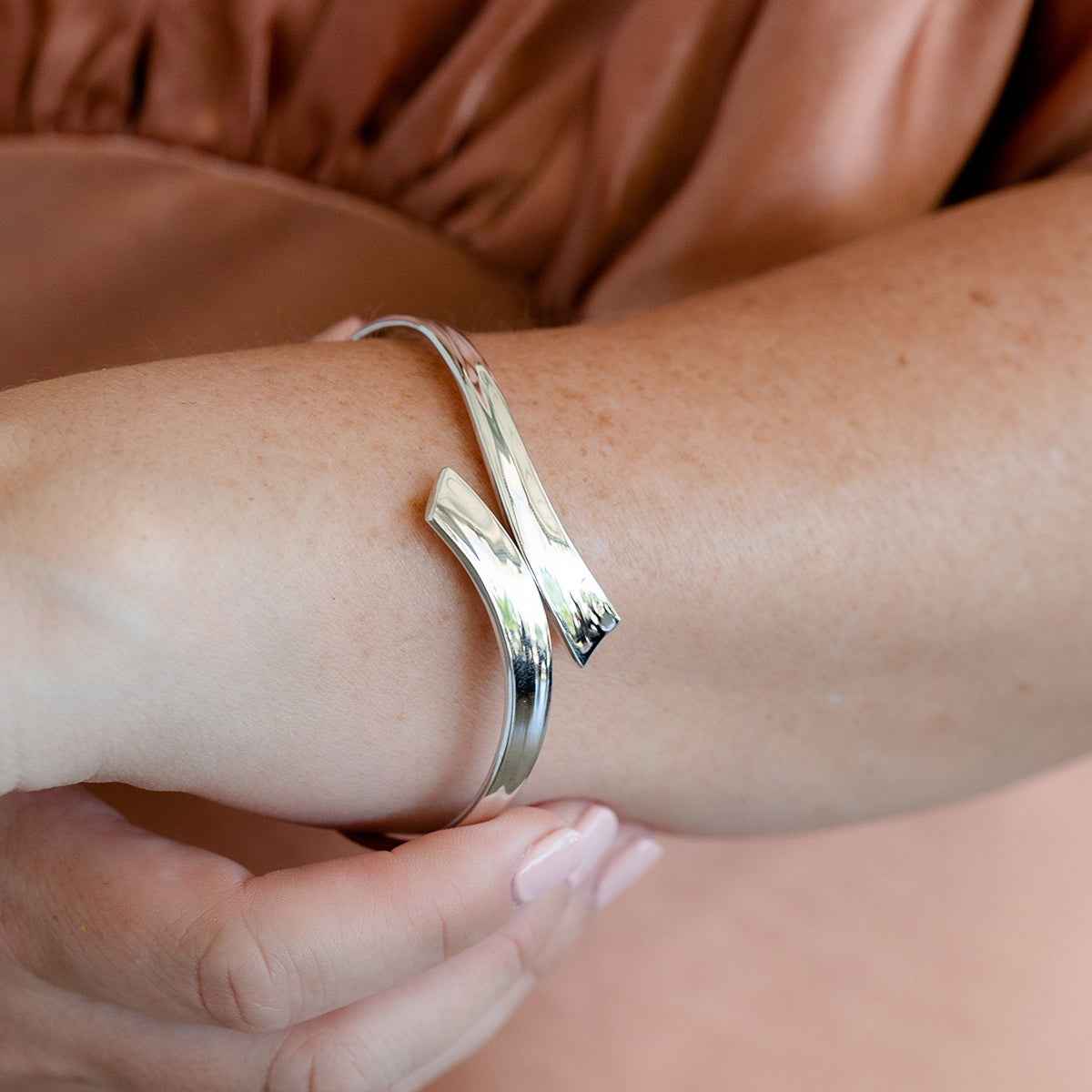 Bypass Bangle Bracelet in Sterling Silver front view