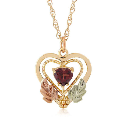 Black Hills Gold Garnet Milgrain Double Heart Pendant in 10K Yellow Gold